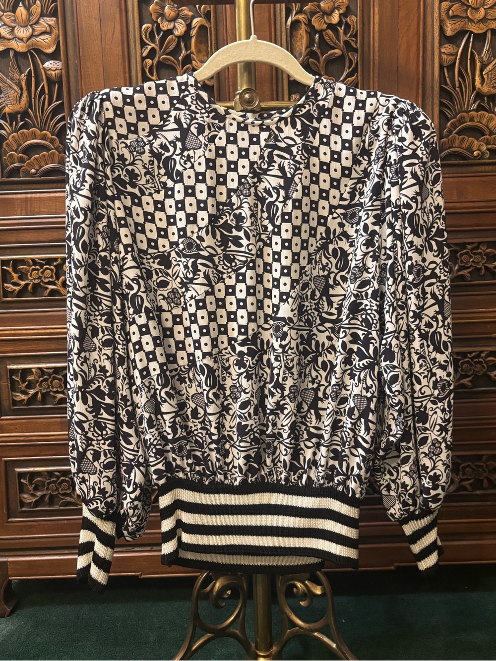 Vintage Diane Freis Black & White Mixed Print Blouse